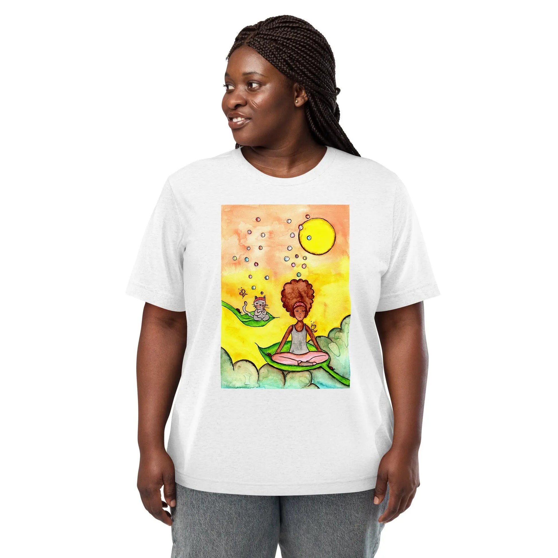 Unisex Tri-Blend T-Shirt (cat and woman meditating)