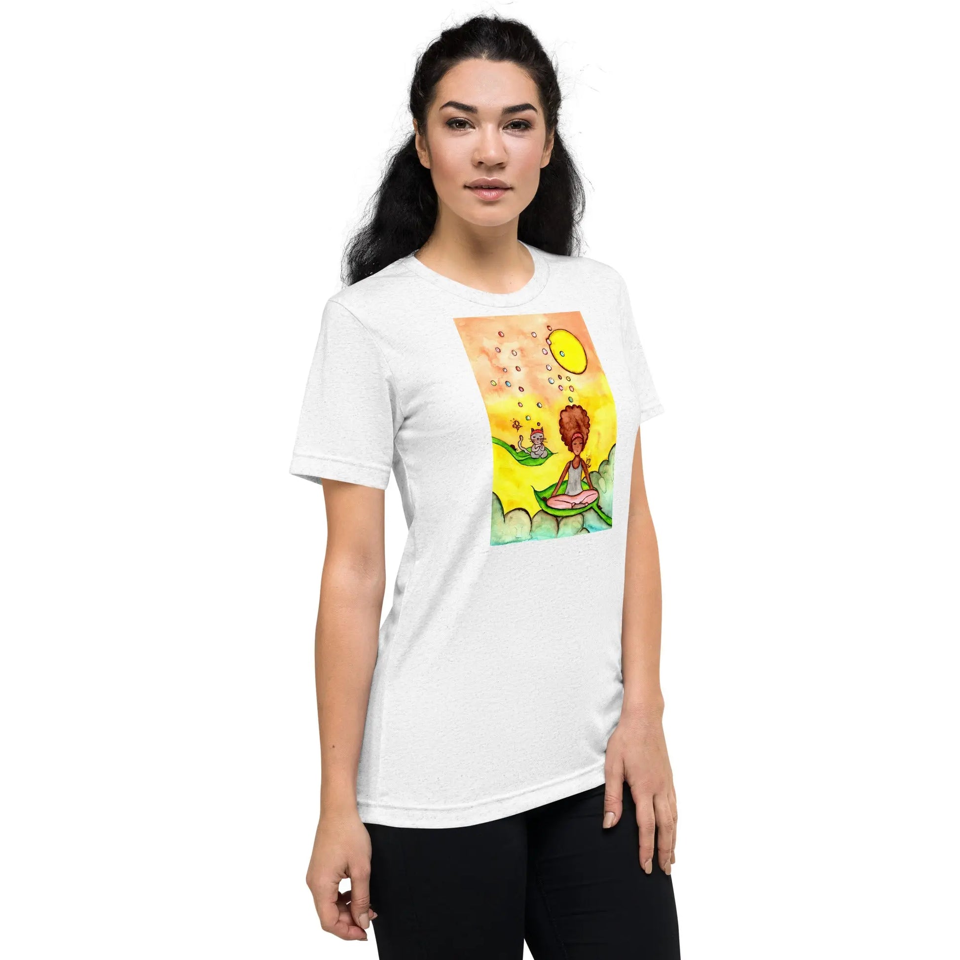 Unisex Tri-Blend T-shirt (cat and woman meditating)