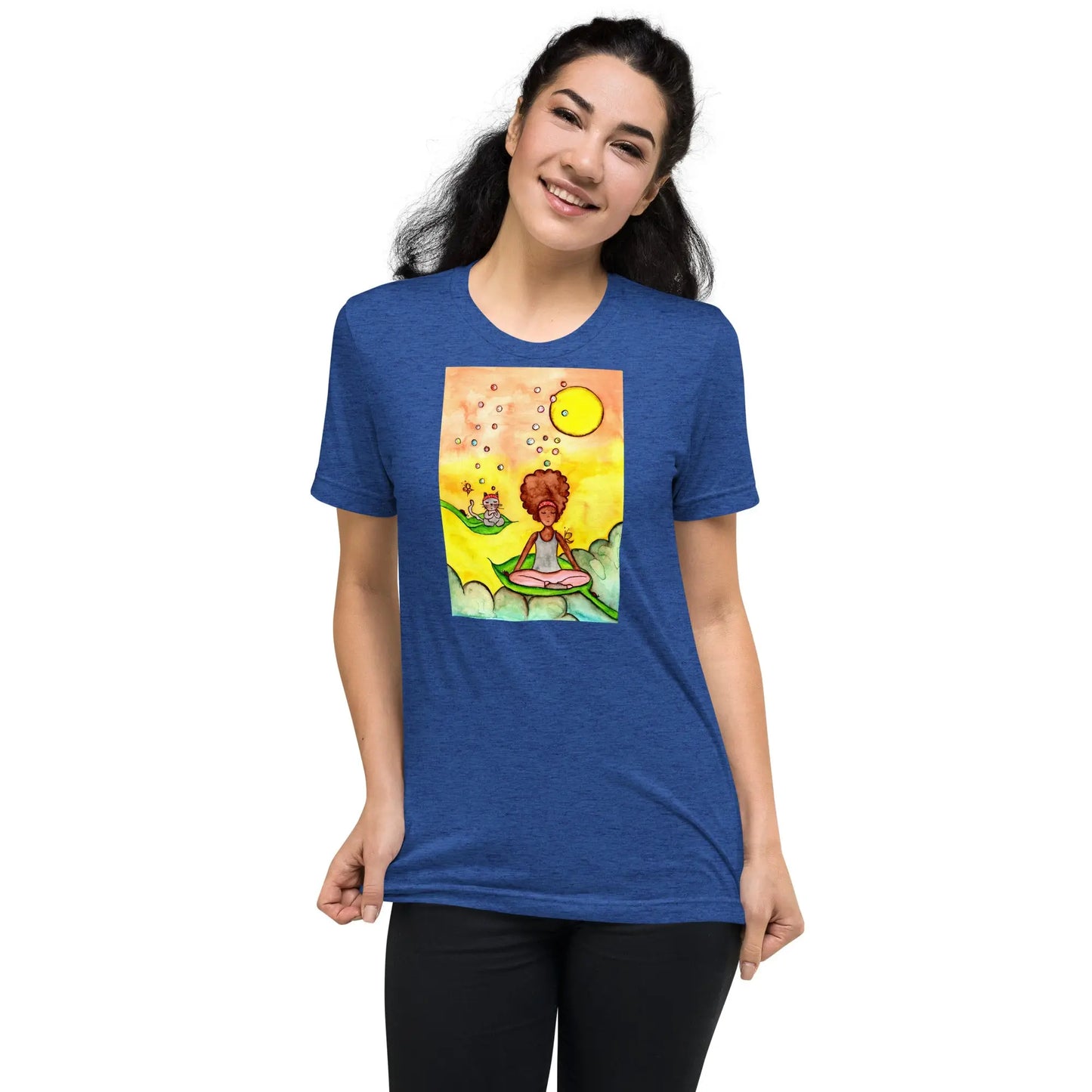 Unisex Tri-Blend T-shirt (cat and woman meditating)