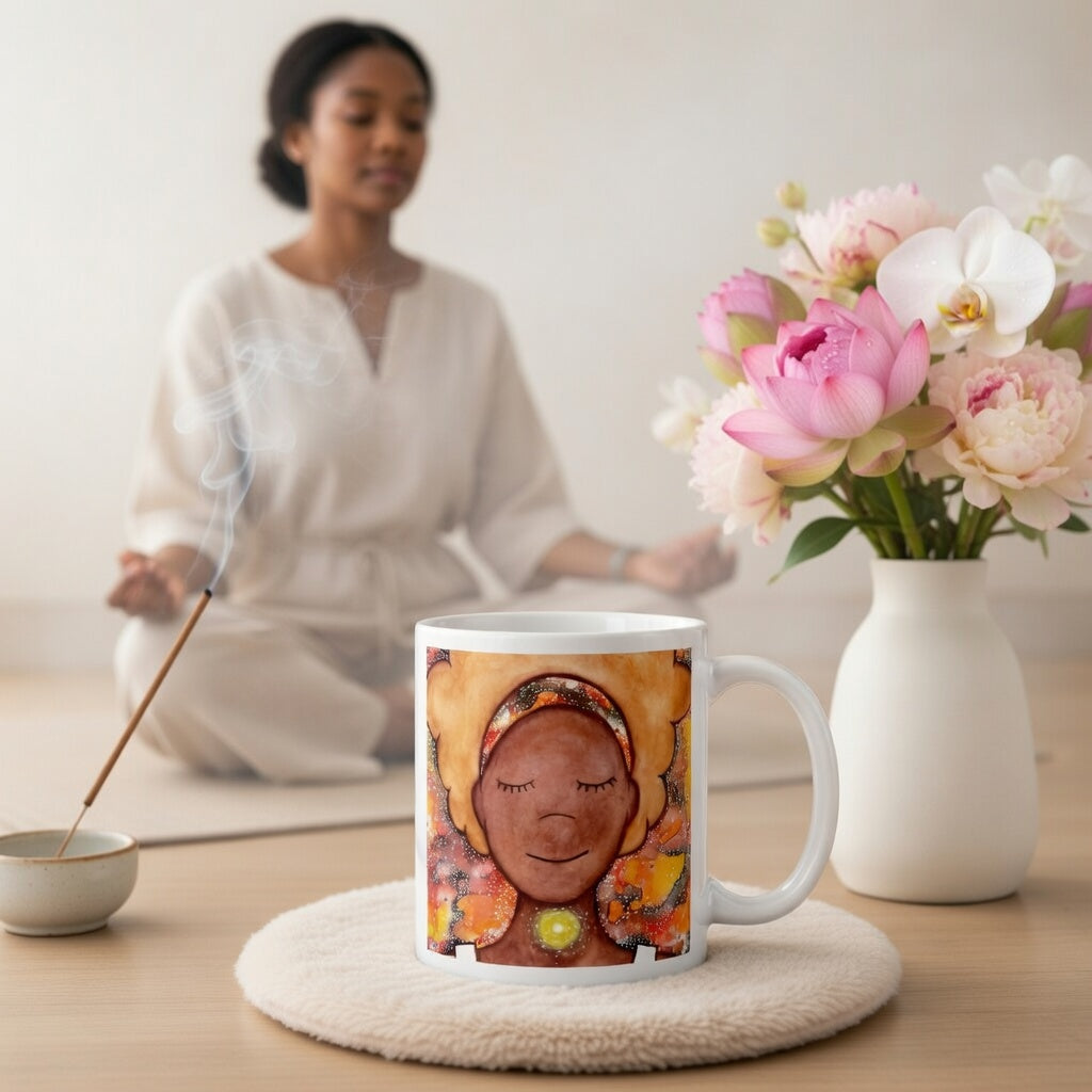Meditating figure with glowing throat chakra, symbolizing communication, truth and self-expression, spiritual mindfulness artwork on a coffee mug. The mug is sitting on a white mat with flowers and burning incense beside it. A woman is meditating in the background.