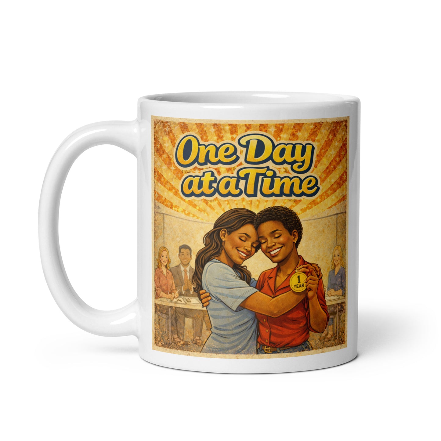 Retro 1970s-style One Day at a Time sobriety illustration featuring two women hugging during a recovery celebration while holding a one-year sobriety medallion beneath golden vintage sunburst rays.