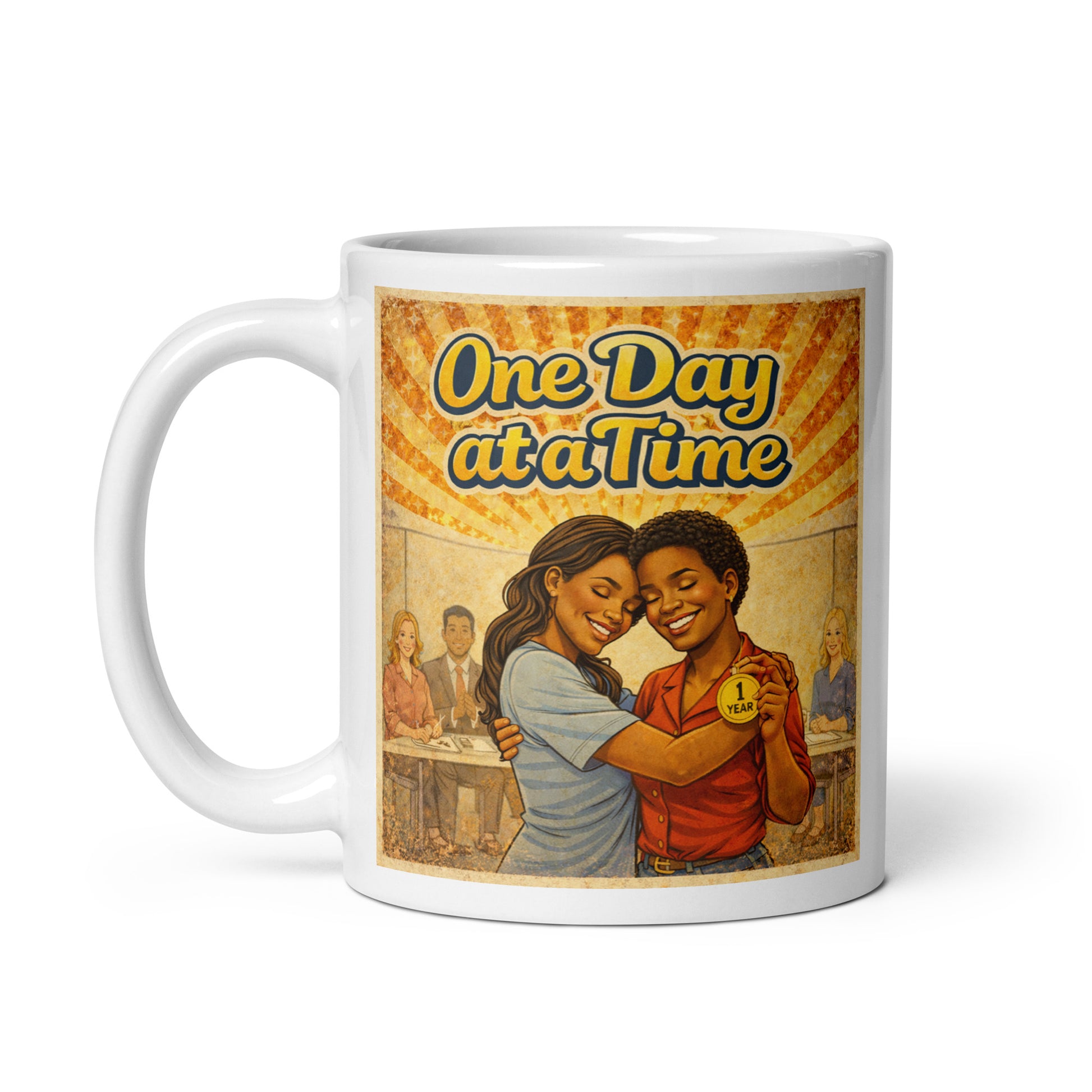 Retro 1970s-style One Day at a Time sobriety illustration featuring two women hugging during a recovery celebration while holding a one-year sobriety medallion beneath golden vintage sunburst rays.