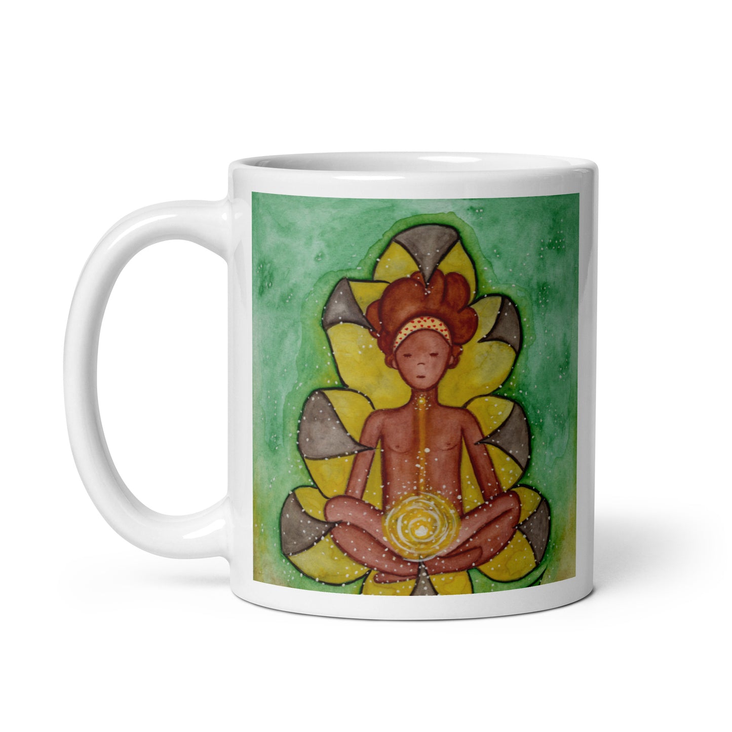 Meditating figure with glowing sacral chakra below the navel, representing creativity, passion and emotional flow, spiritual chakra artwork on a coffee mug. This illustration is on both sides of the mug. In this image the handle of the mug is on the left side.