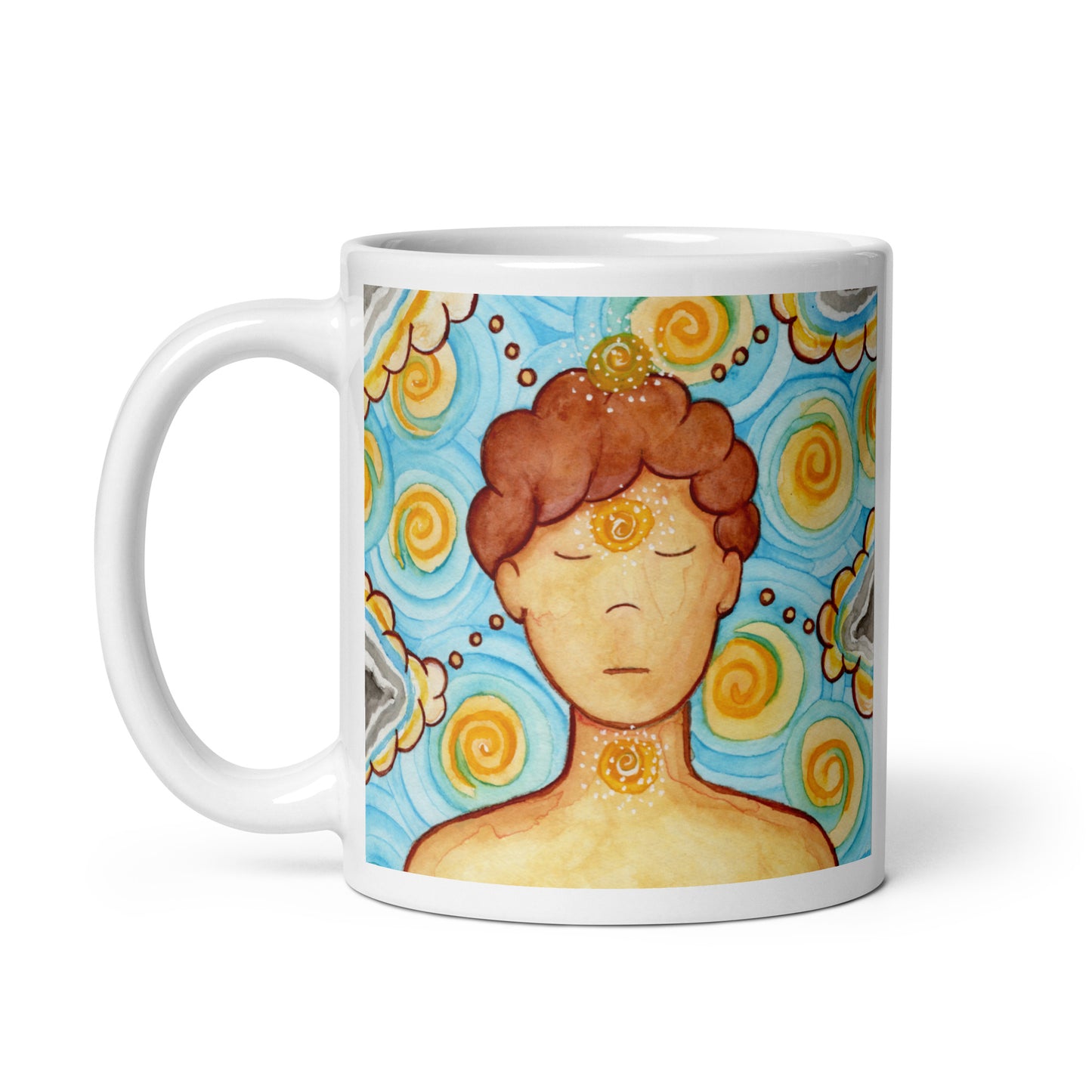Man meditating with glowing throat, brow and crown chakras, symbolizing communication, intuition and spiritual connection, chakra artwork on a coffee mug. This illustration is on both sides of the mug. In this image the handle of the mug is on the left side.