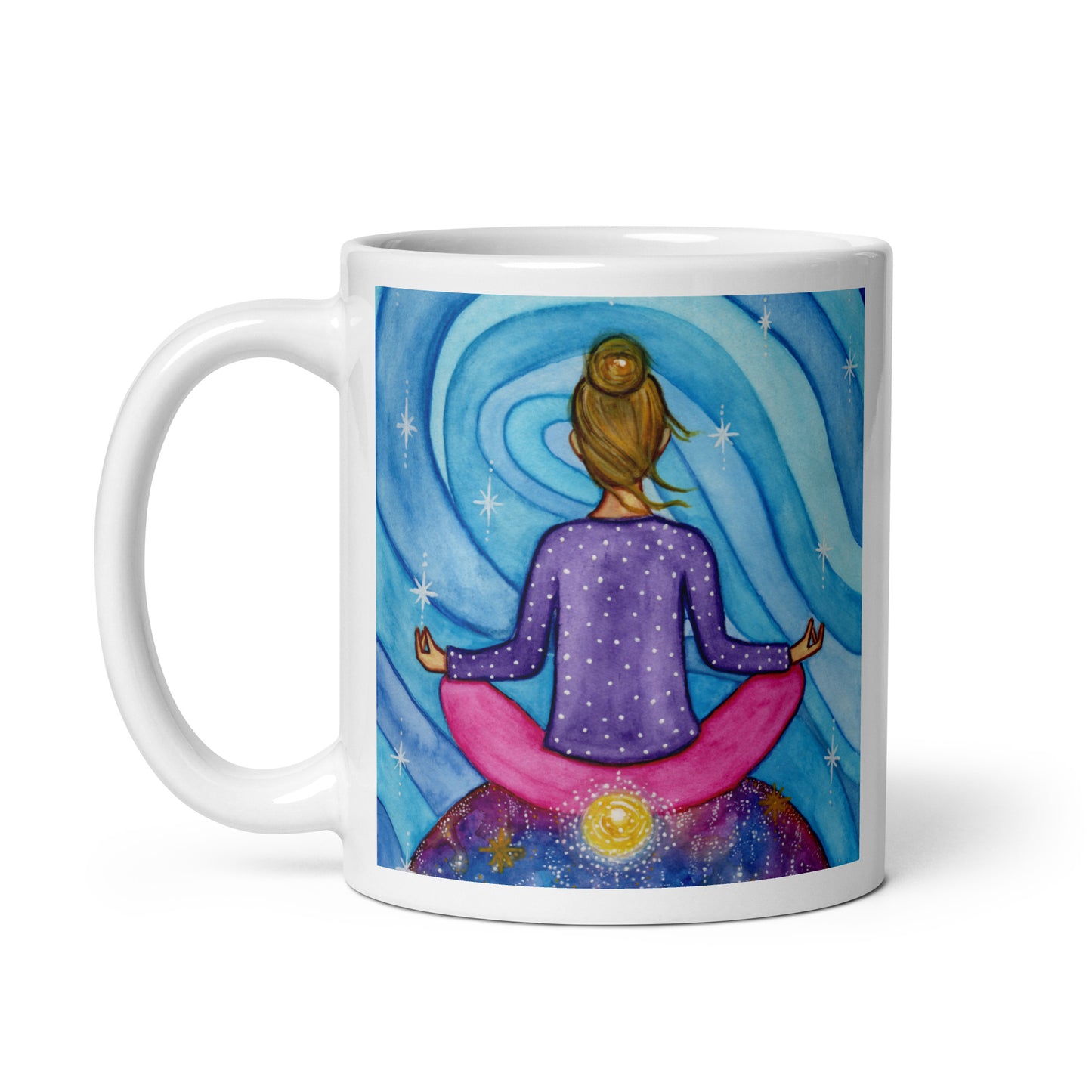 Meditating figure with glowing root chakra at base of spine, symbolizing grounding, stability and security, chakra energy artwork on a coffee mug. This illustration is on both sides of the mug. In this image the handle of the mug is on the left side.