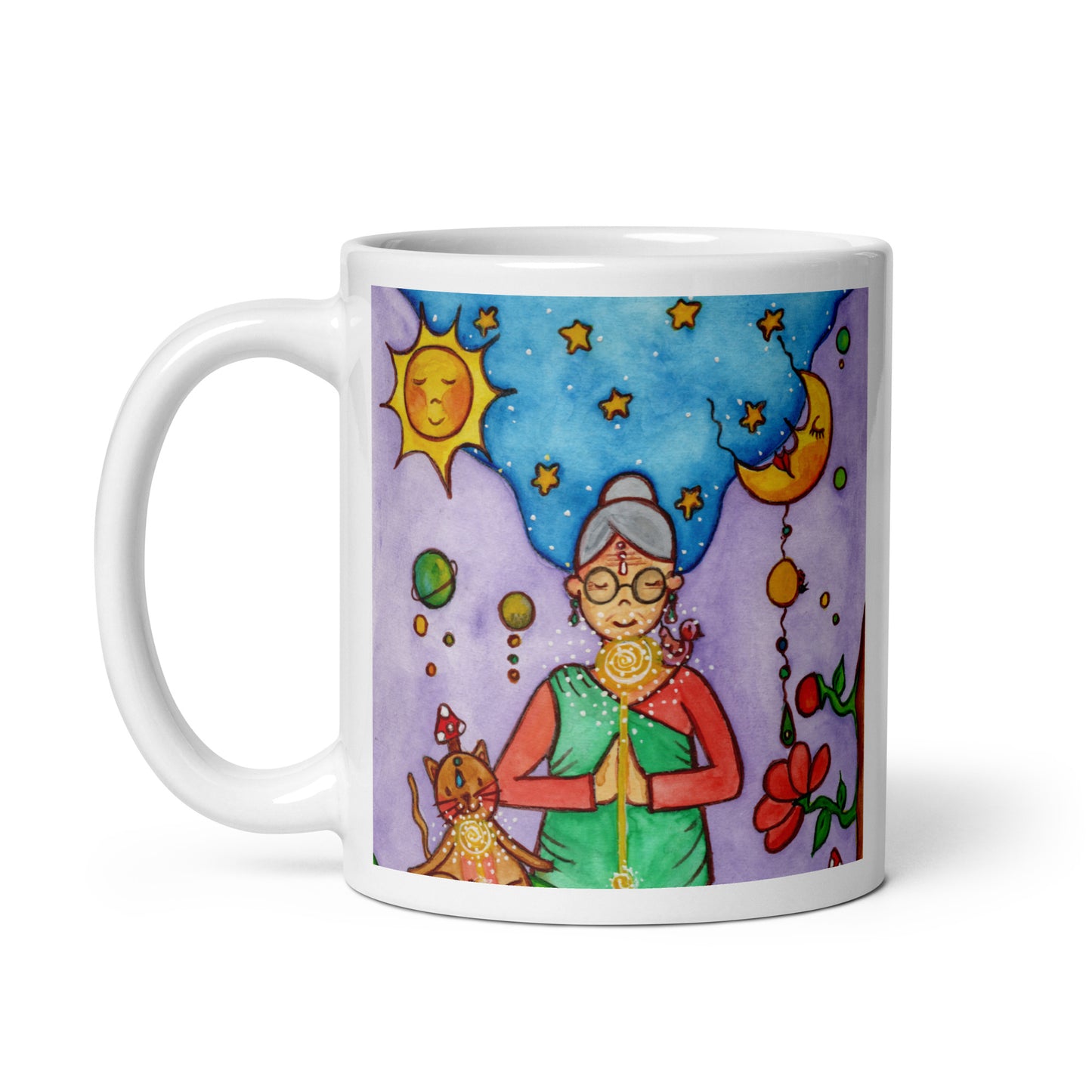 Woman and her cat meditating under sun and moon, peaceful scene representing harmony, balance and connection, spiritual coffee mug design. This illustration is on both sides of the mug. In this image the handle of the mug is on the left side.