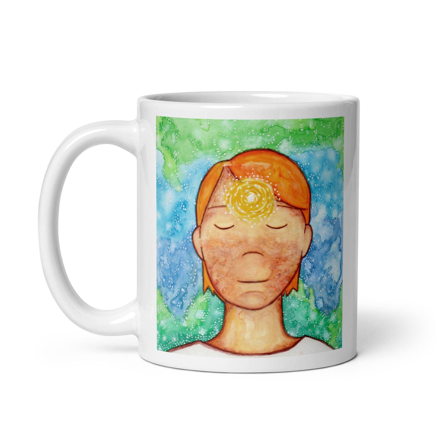 Man meditating with glowing third eye chakra on forehead, symbolizing intuition, awareness and inner vision, spiritual chakra artwork on a meditation themed coffee mug. This illustration is on both sides of the mug. In this image the handle of the mug is on the leftt side.