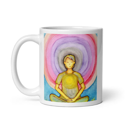 Young man surrounded by vibrant multi-colored aura, representing energy fields and spiritual awareness, colorful meditation artwork printed on a coffee mug.  This illustration is on both sides of the mug. In this image the handle of the mug is on the left side.