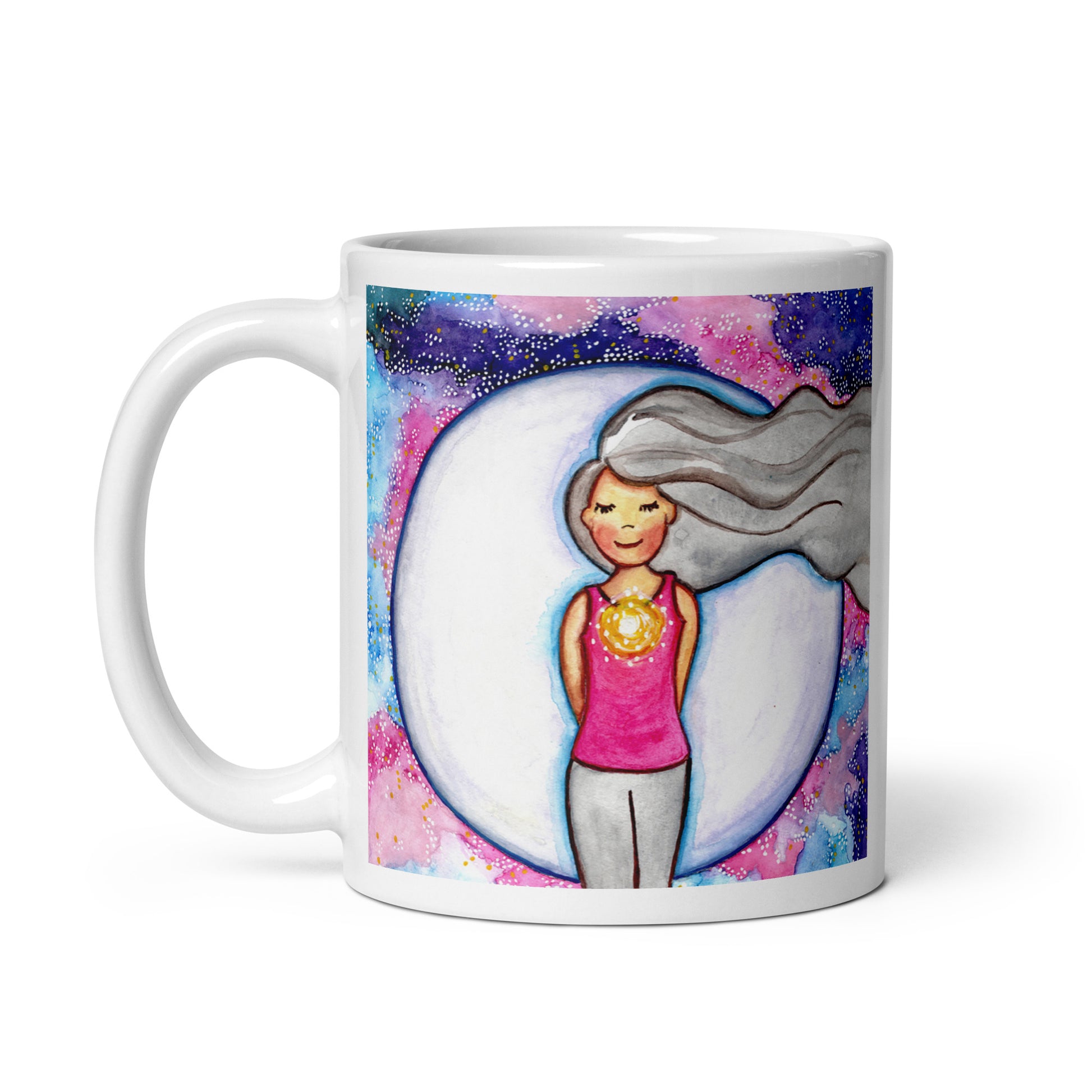 Meditating person with glowing heart chakra at center of chest, symbolizing love, compassion and emotional balance, spiritual design on a mindfulness coffee mug. This illustration is on both sides of the mug. In this image the handle of the mug is on the left side.