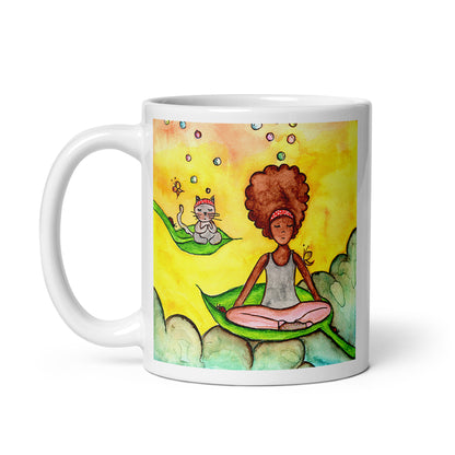 Woman and cat sitting peacefully on leaves in meditation, nature-inspired mindfulness scene representing calm, balance and connection, printed on a spiritual coffee mug. This illustration is on both sides of the mug. In this image the handle of the mug is on the left side.