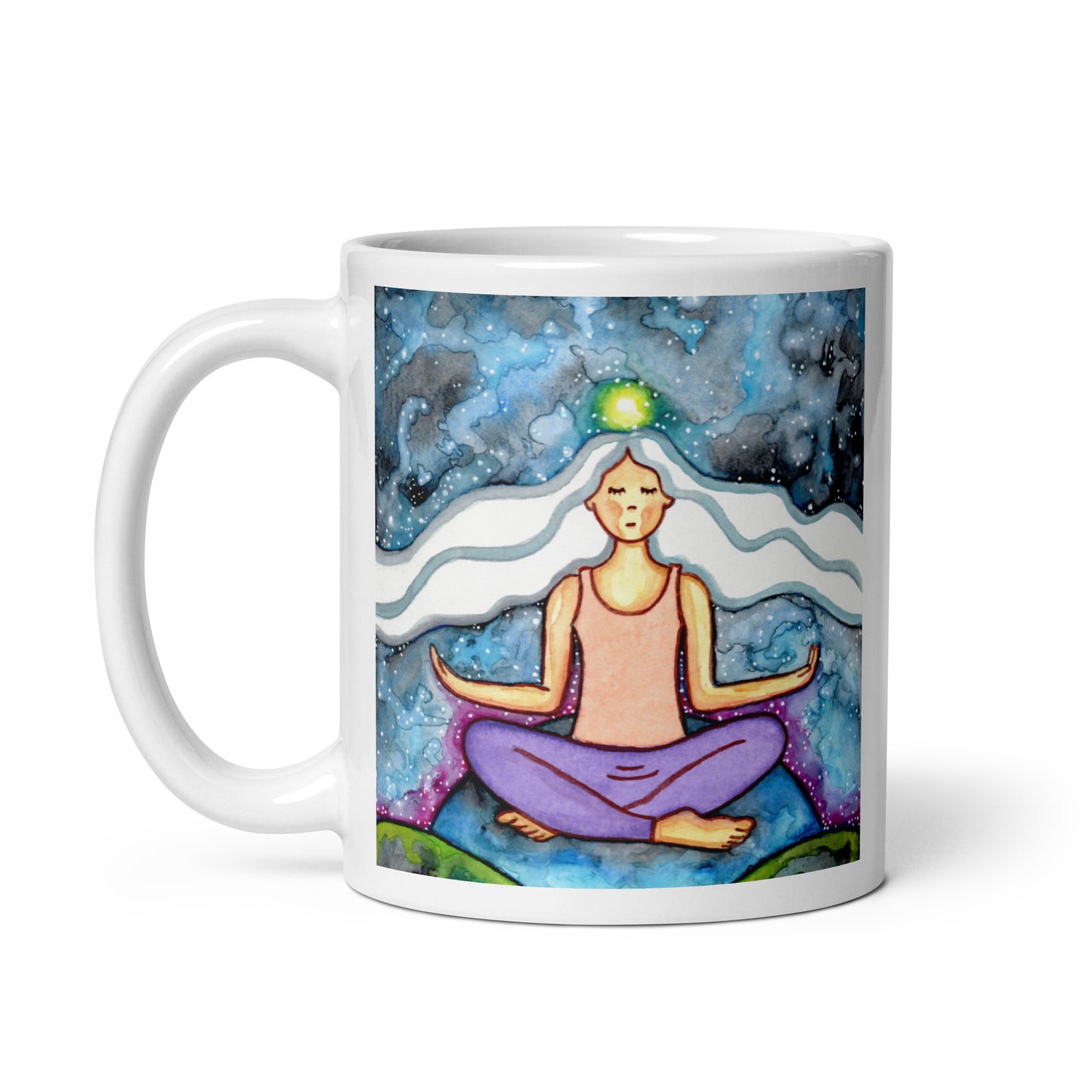 Meditating figure with glowing crown chakra at top of head, symbolizing higher consciousness and spiritual connection, chakra artwork featured on a mindfulness mug. This illustration is on both sides of the mug. In this image the handle of the mug is on the left side.