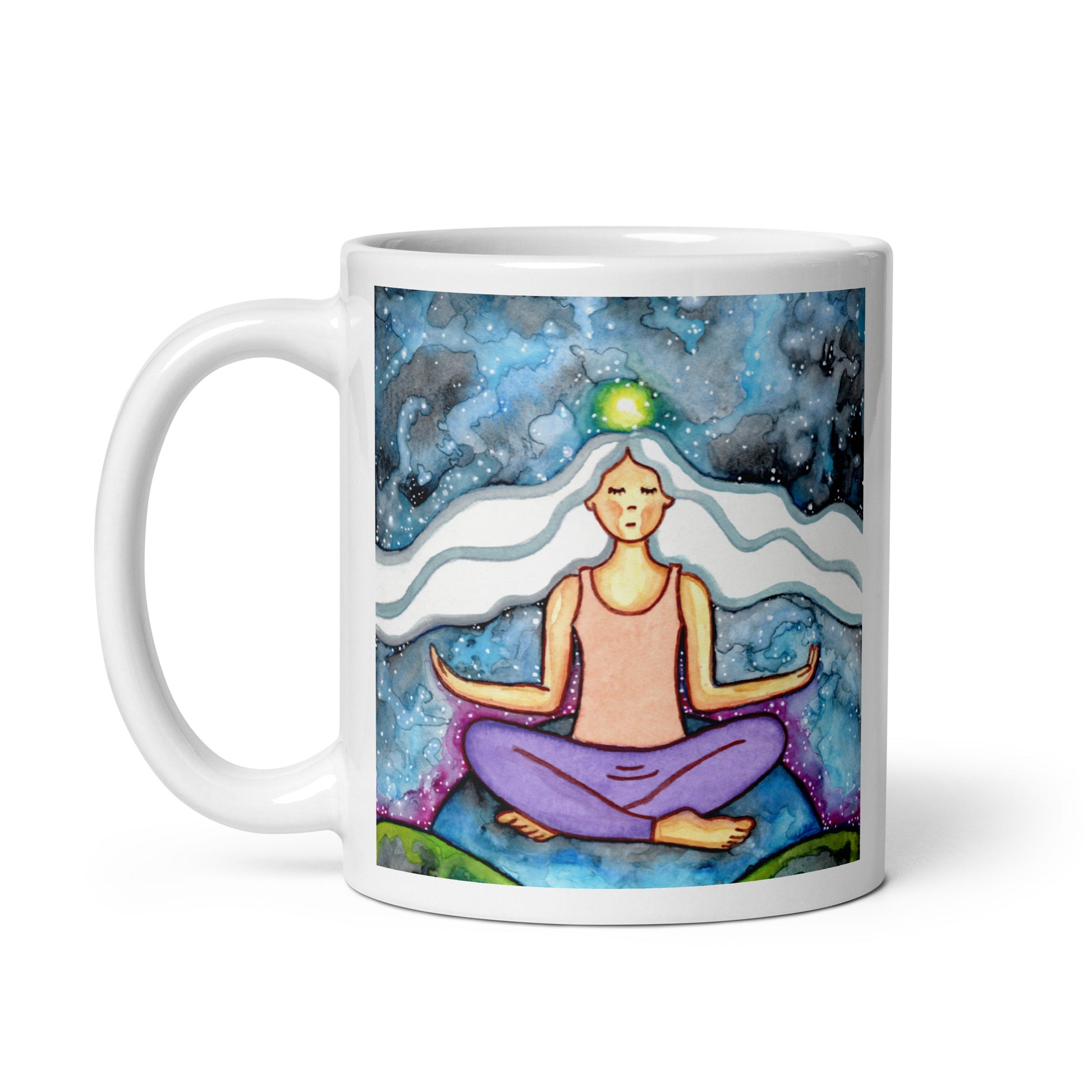 Meditating figure with glowing crown chakra at top of head, symbolizing higher consciousness and spiritual connection, chakra artwork featured on a mindfulness mug. This illustration is on both sides of the mug. In this image the handle of the mug is on the left side.