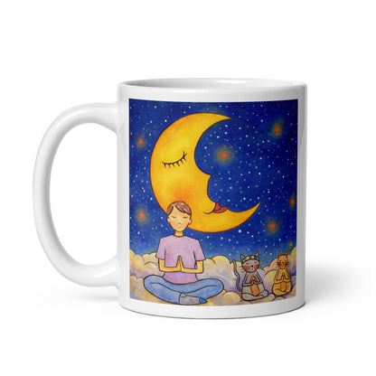 Man and his cats are meditating atop a cloud under the moon in a mindfulness poster.  This illustration is on both sides of the mug. In this image the handle of the mug is on the left side.