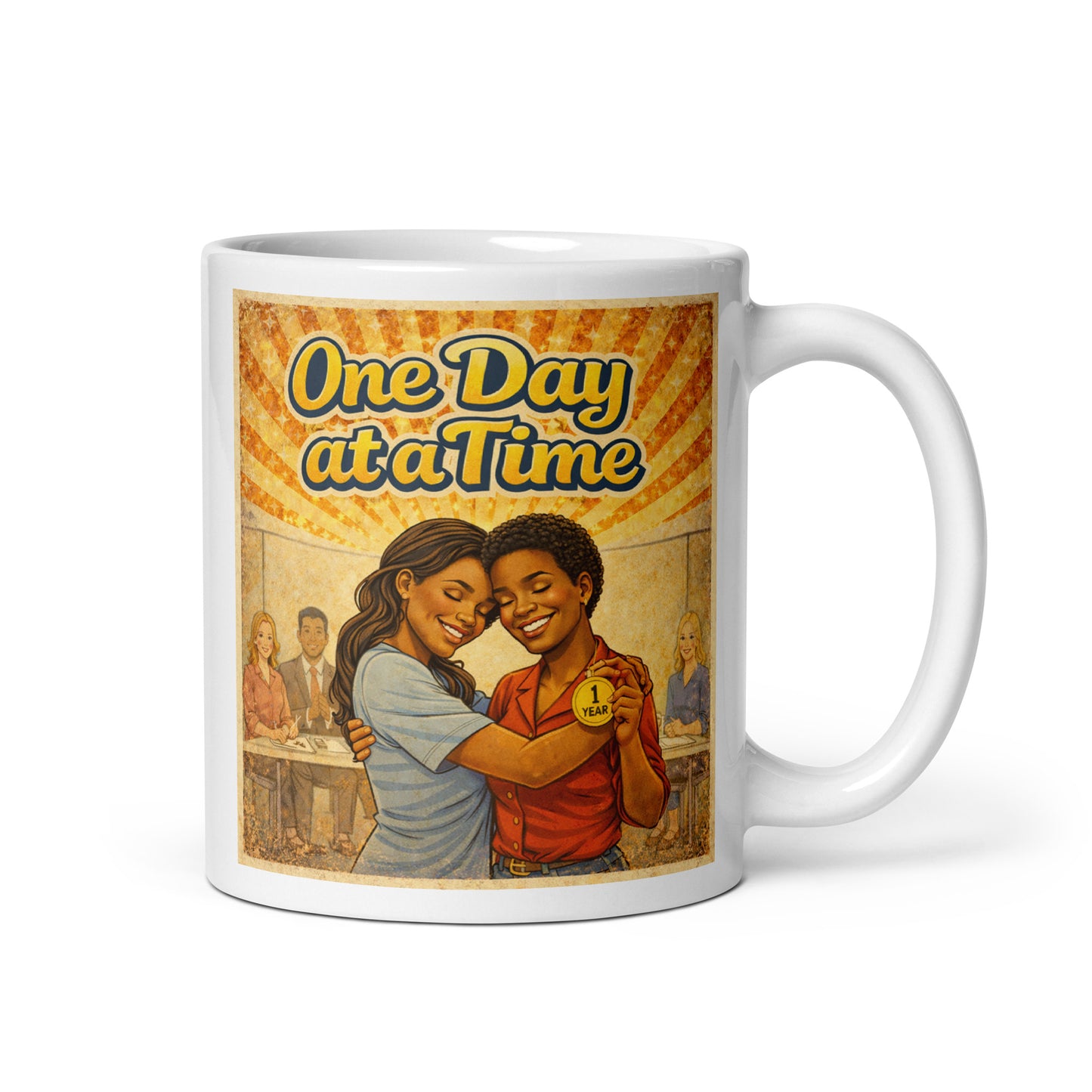 Retro 70s-style One Day at a Time sobriety illustration featuring two women hugging during a recovery celebration while holding a one-year sobriety medallion beneath golden vintage sunburst rays.