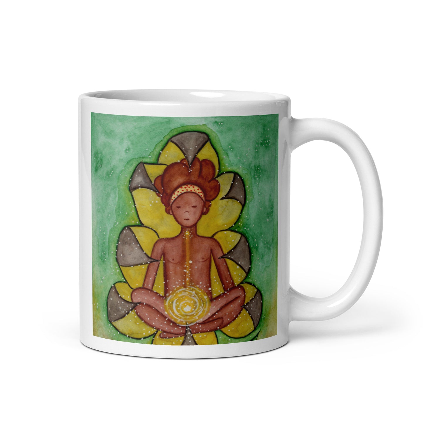 Meditating figure with glowing sacral chakra below the navel, representing creativity, passion and emotional flow, spiritual chakra artwork on a coffee mug. This illustration is on both sides of the mug. In this image the handle of the mug is on the right side.