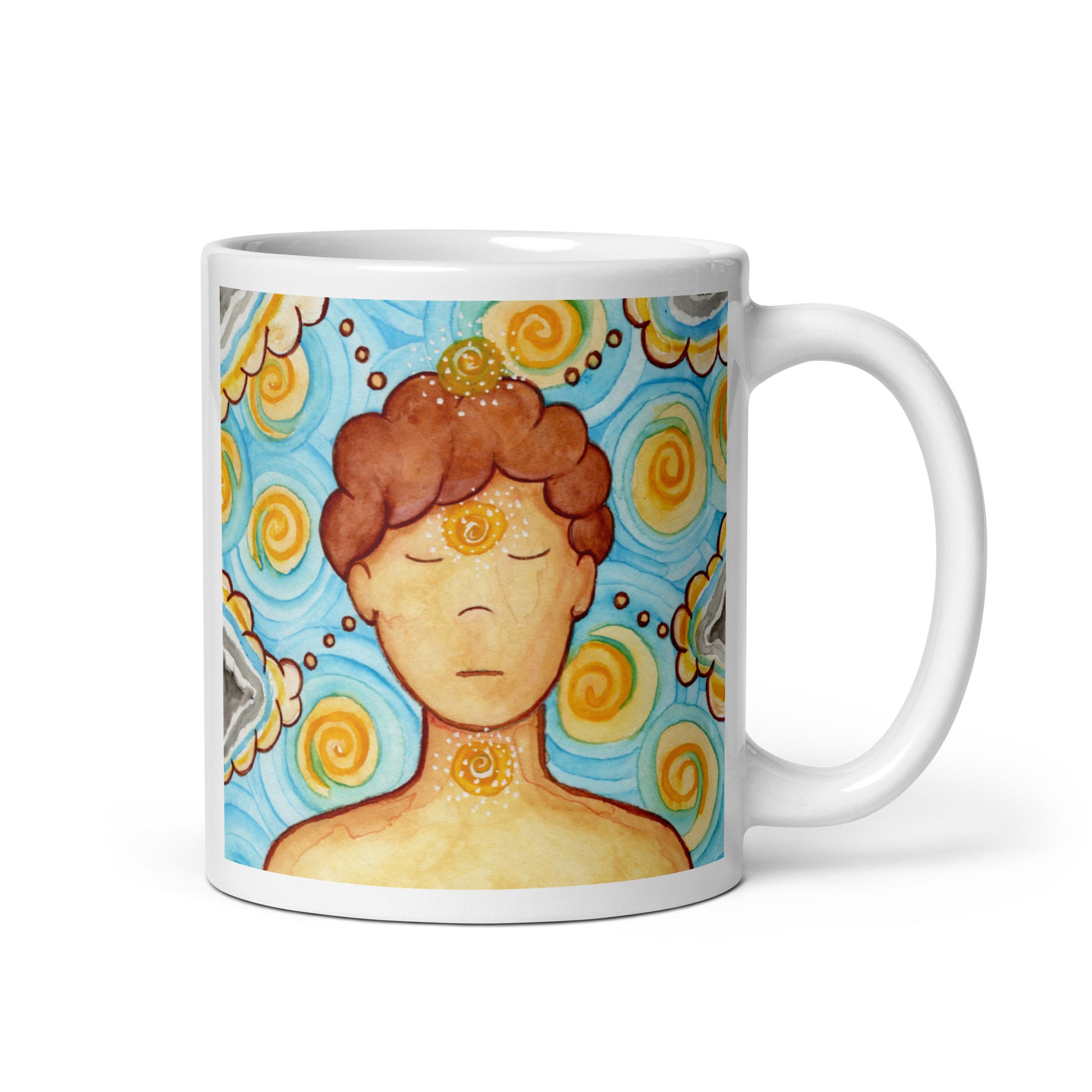 Man meditating with glowing throat, brow and crown chakras, symbolizing communication, intuition and spiritual connection, chakra artwork on a coffee mug. This illustration is on both sides of the mug. In this image the handle of the mug is on the right side.