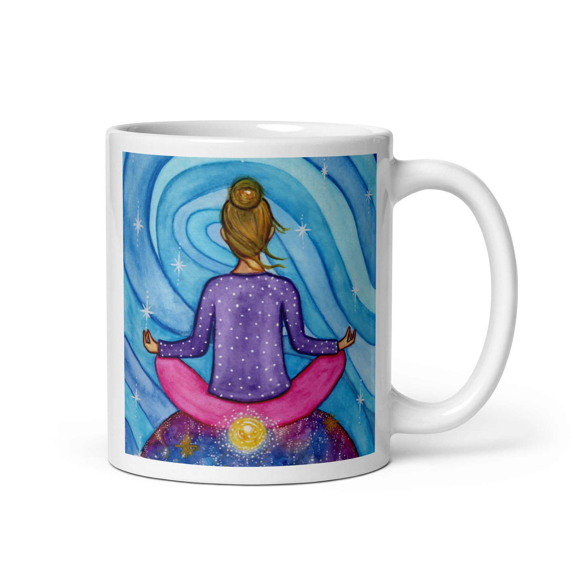 Meditating figure with glowing root chakra at base of spine, symbolizing grounding, stability and security, chakra energy artwork on a coffee mug. This illustration is on both sides of the mug. In this image the handle of the mug is on the right side.