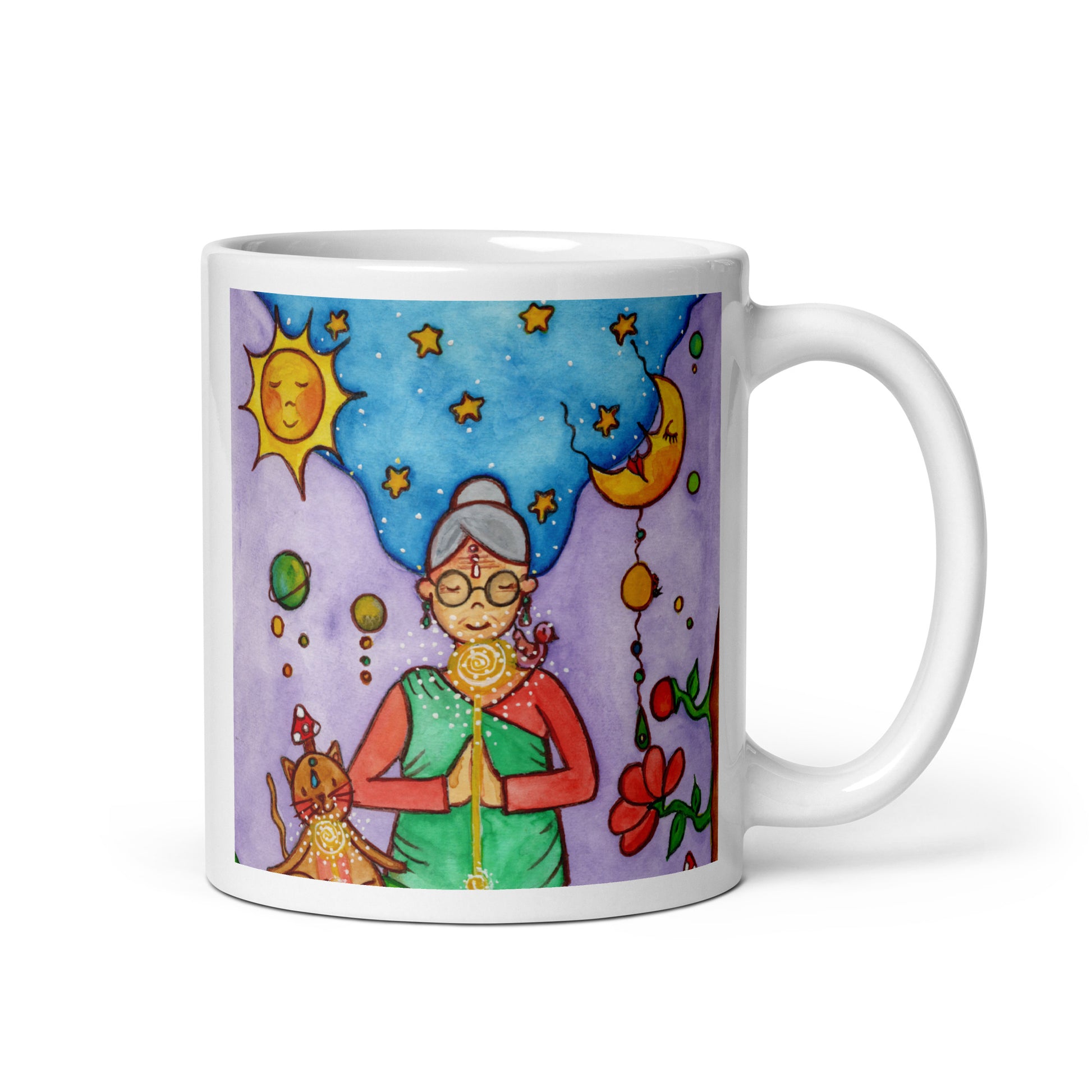 Woman and her cat meditating under sun and moon, peaceful scene representing harmony, balance and connection, spiritual coffee mug design. This illustration is on both sides of the mug. In this image the handle of the mug is on the right side.