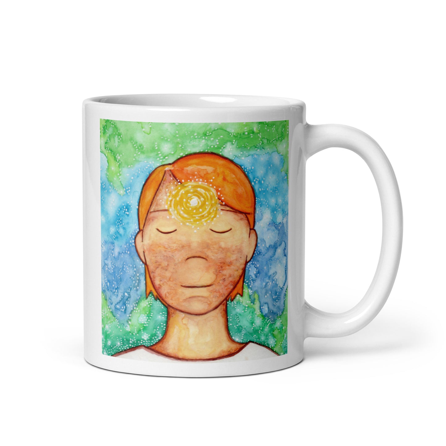 Man meditating with glowing third eye chakra on forehead, symbolizing intuition, awareness and inner vision, spiritual chakra artwork on a meditation themed coffee mug. This illustration is on both sides of the mug. In this image the handle of the mug is on the right side.