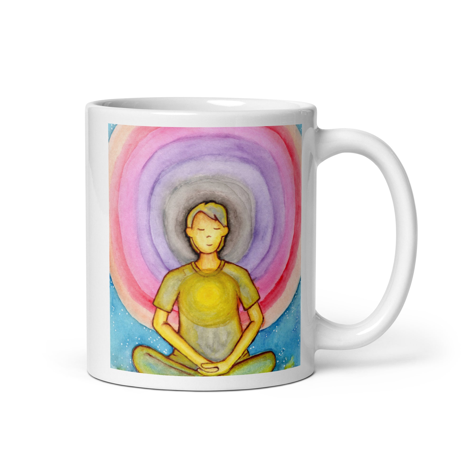 Young man surrounded by vibrant multi-colored aura, representing energy fields and spiritual awareness, colorful meditation artwork printed on a coffee mug.  This illustration is on both sides of the mug. In this image the handle of the mug is on the right side.