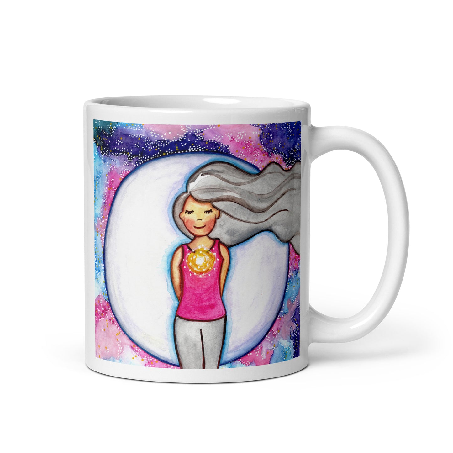 Meditating person with glowing heart chakra at center of chest, symbolizing love, compassion and emotional balance, spiritual design on a mindfulness coffee mug. This illustration is on both sides of the mug. In this image the handle of the mug is on the left side.