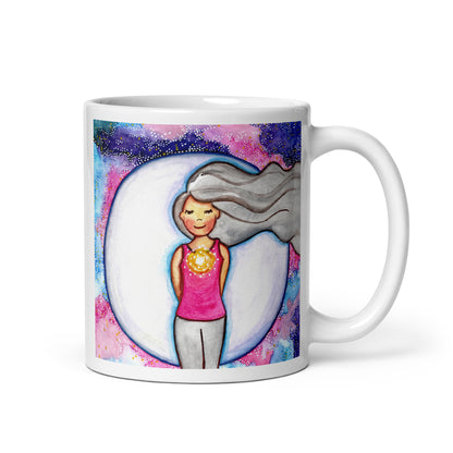 Meditating person with glowing heart chakra at center of chest, symbolizing love, compassion and emotional balance, spiritual design on a mindfulness coffee mug. This illustration is on both sides of the mug. In this image the handle of the mug is on the left side.