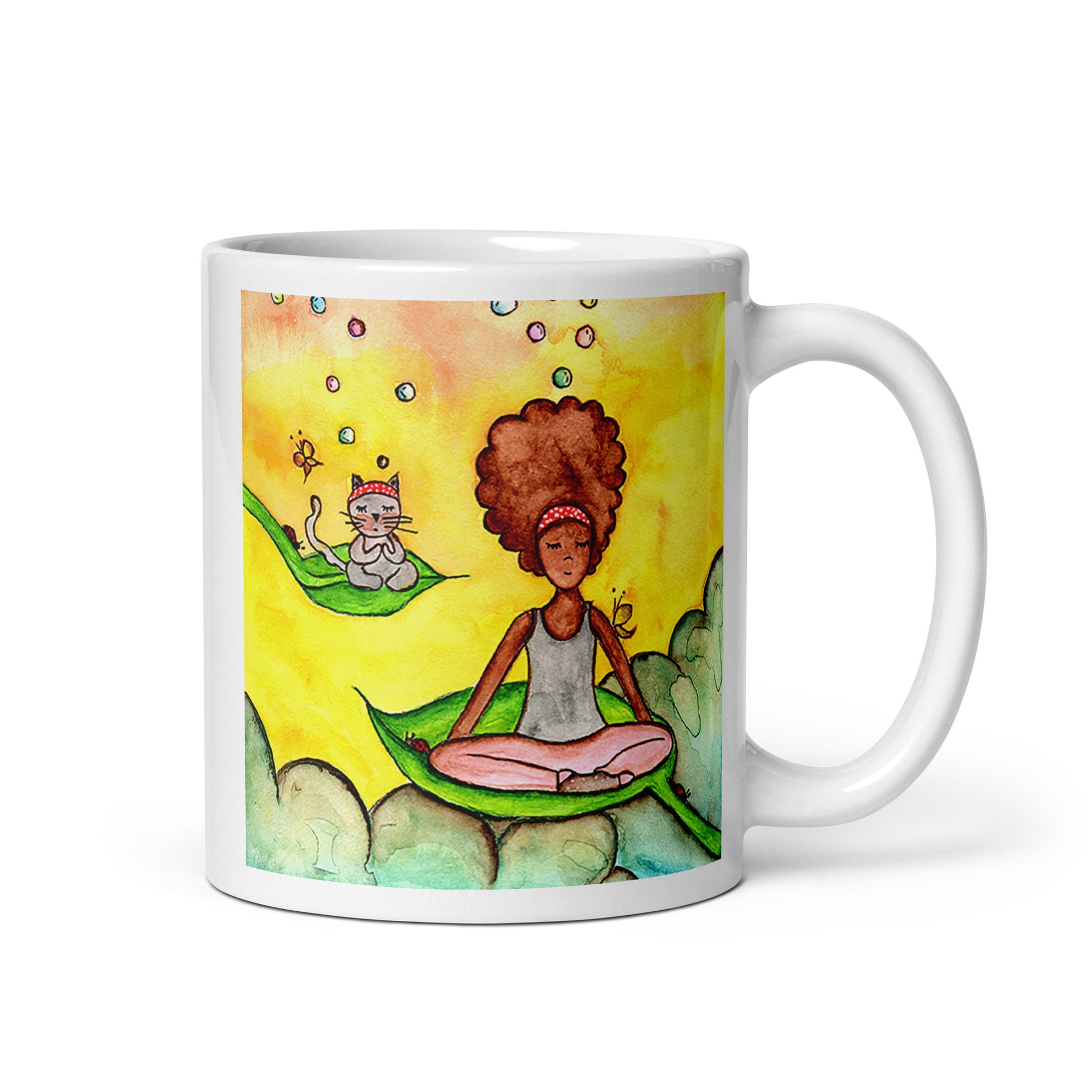 Woman and cat sitting peacefully on leaves in meditation, nature-inspired mindfulness scene representing calm, balance and connection, printed on a spiritual coffee mug. This illustration is on both sides of the mug. In this image the handle of the mug is on the right side.