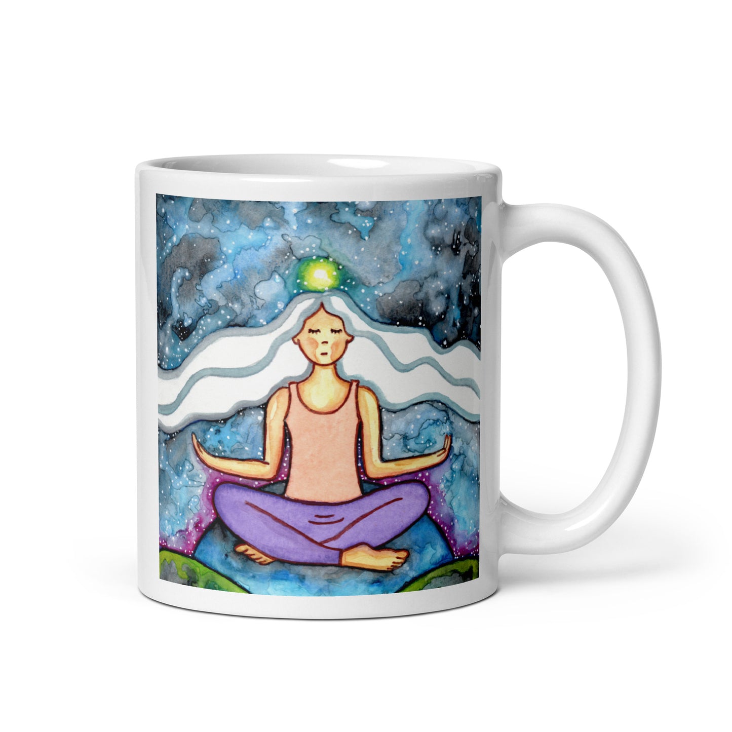 Meditating figure with glowing crown chakra at top of head, symbolizing higher consciousness and spiritual connection, chakra artwork featured on a mindfulness mug. This illustration is on both sides of the mug. In this image the handle of the mug is on the right side.