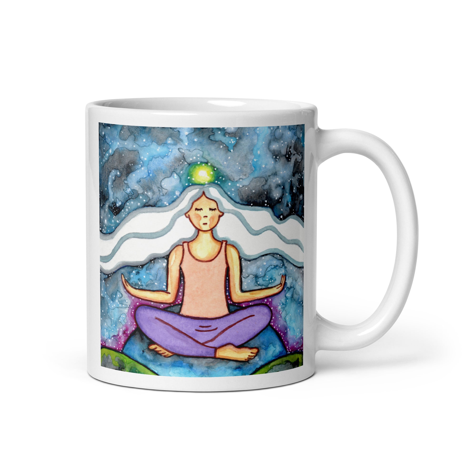 Meditating figure with glowing crown chakra at top of head, symbolizing higher consciousness and spiritual connection, chakra artwork featured on a mindfulness mug. This illustration is on both sides of the mug. In this image the handle of the mug is on the right side.