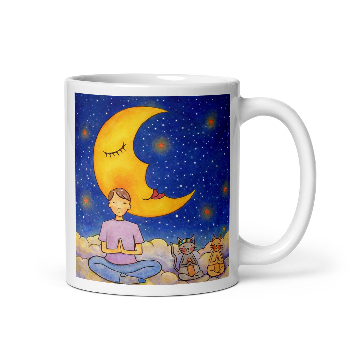 Man and his cats are meditating atop a cloud under the moon in a mindfulness poster.  This illustration is on both sides of the mug. In this image the handle of the mug is on the right side.