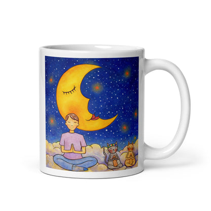 Man and his cats are meditating atop a cloud under the moon in a mindfulness poster.  This illustration is on both sides of the mug. In this image the handle of the mug is on the right side.
