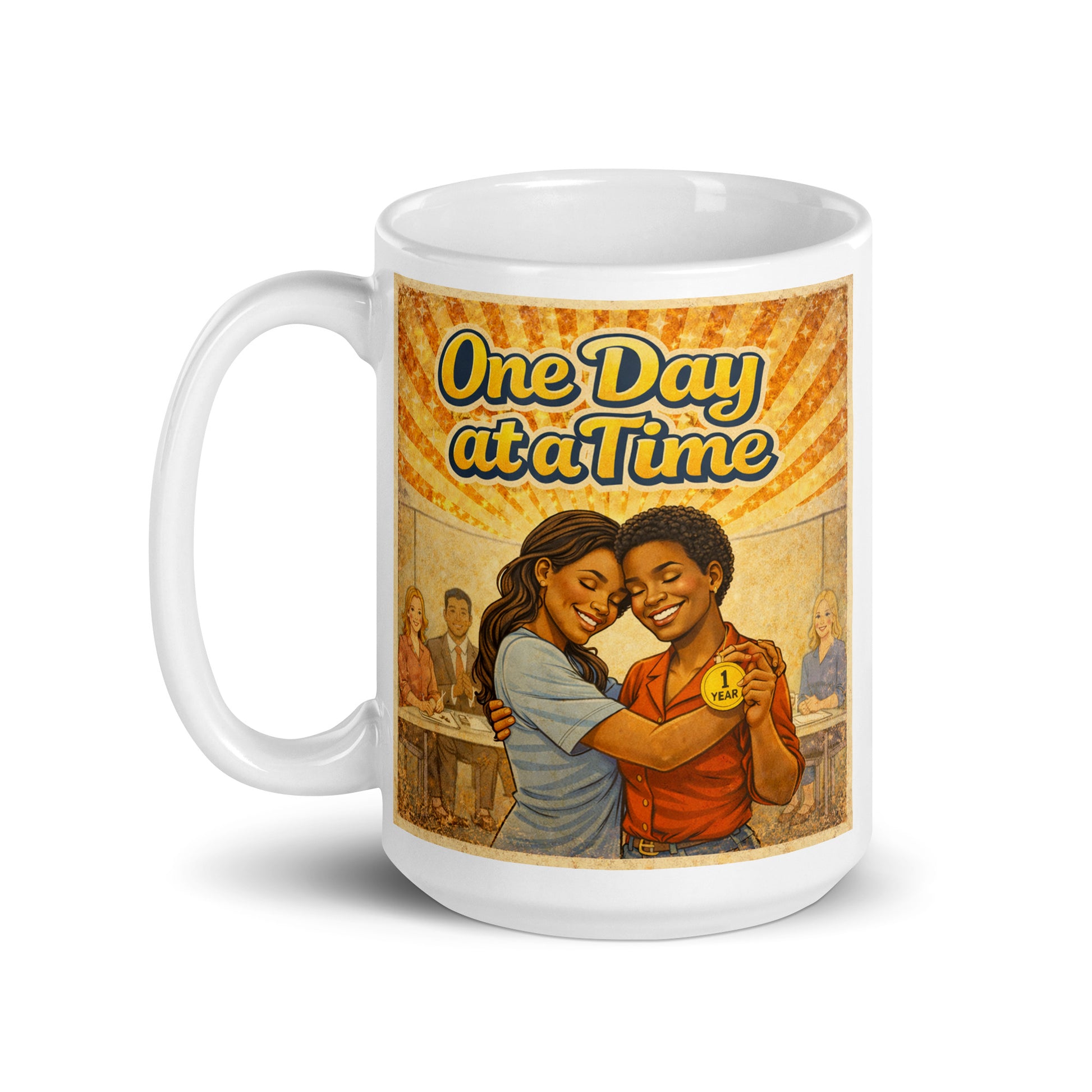 Retro 70s-style One Day at a Time sobriety illustration featuring two women hugging during a one year celebration while holding a one-year sobriety medallion beneath golden vintage sunburst rays.