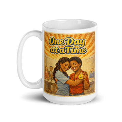 Retro 70s-style One Day at a Time sobriety illustration featuring two women hugging during a one year celebration while holding a one-year sobriety medallion beneath golden vintage sunburst rays.