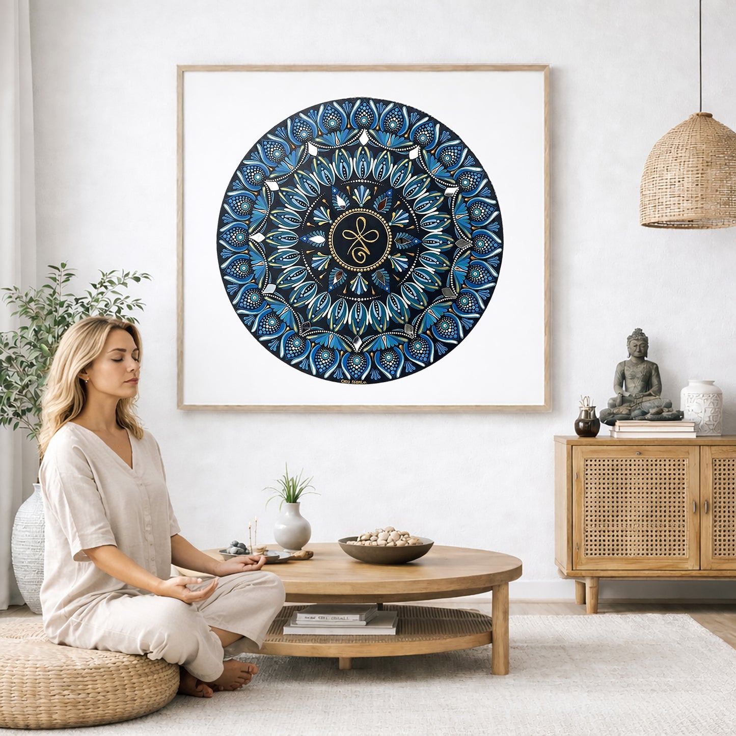 Mandala featuring three looping shapes in the center with layered symmetrical patterns, detailed meditation design on a mindfulness poster. The mandala poster is framed and is in the center of the living room wall. A woman is on a chair on the left side of his living room meditating. There is a green potted plant behind her. On the right side is a cabinet with a Buddha statue on it.  There is a small coffee table beside her with a bowl of meditation stones, a potted green plant and incense 