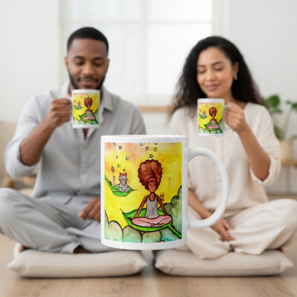 Woman and cat sitting peacefully on leaves in meditation, nature-inspired mindfulness scene representing calm, balance and connection, printed on a spiritual coffee mug.  There is a couple meditating in the background.