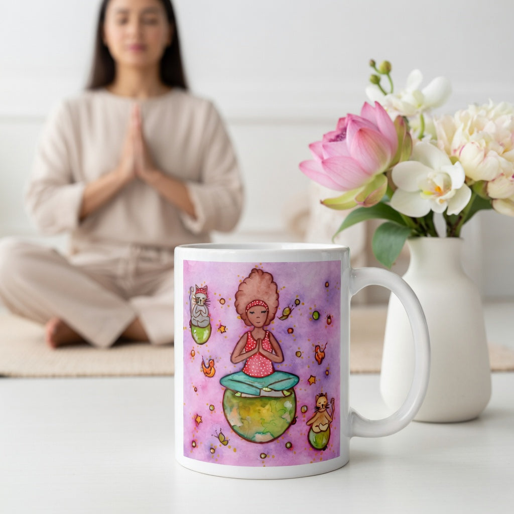 Woman and multiple cats meditating while sitting on the world, symbolizing unity, peace and global mindfulness, unique spiritual mug design.  The mug is on the floor at the bottom center of the image. In the background a woman is meditating. Beside the mug is a vase of flowers.