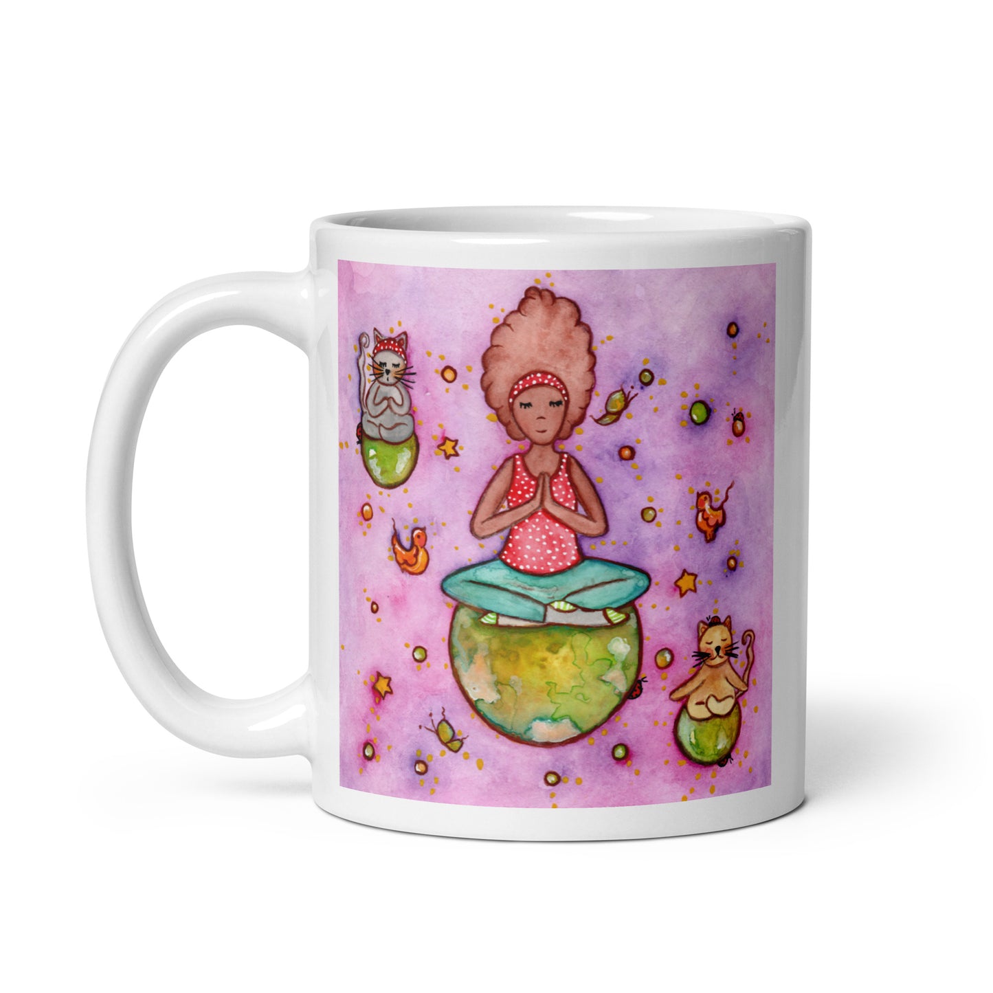 Woman and multiple cats meditating while sitting on the world, symbolizing unity, peace and global mindfulness, unique spiritual mug design. This illustration is on both sides of the mug. In this image the handle of the mug is on the left side.