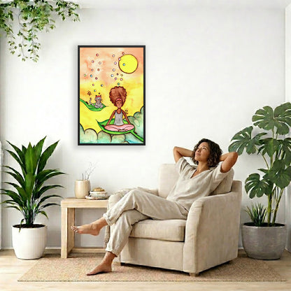 Poster of a woman and her cat sitting on leaves meditating with a yellow sunny joyful background.  The poster is framed and is in the center of the living room wall. To the right a woman is relaxing in a chair with her hands behind her head. To the left is a green floor plant and a hanging green plant. To the right of her is a green floor plant.
