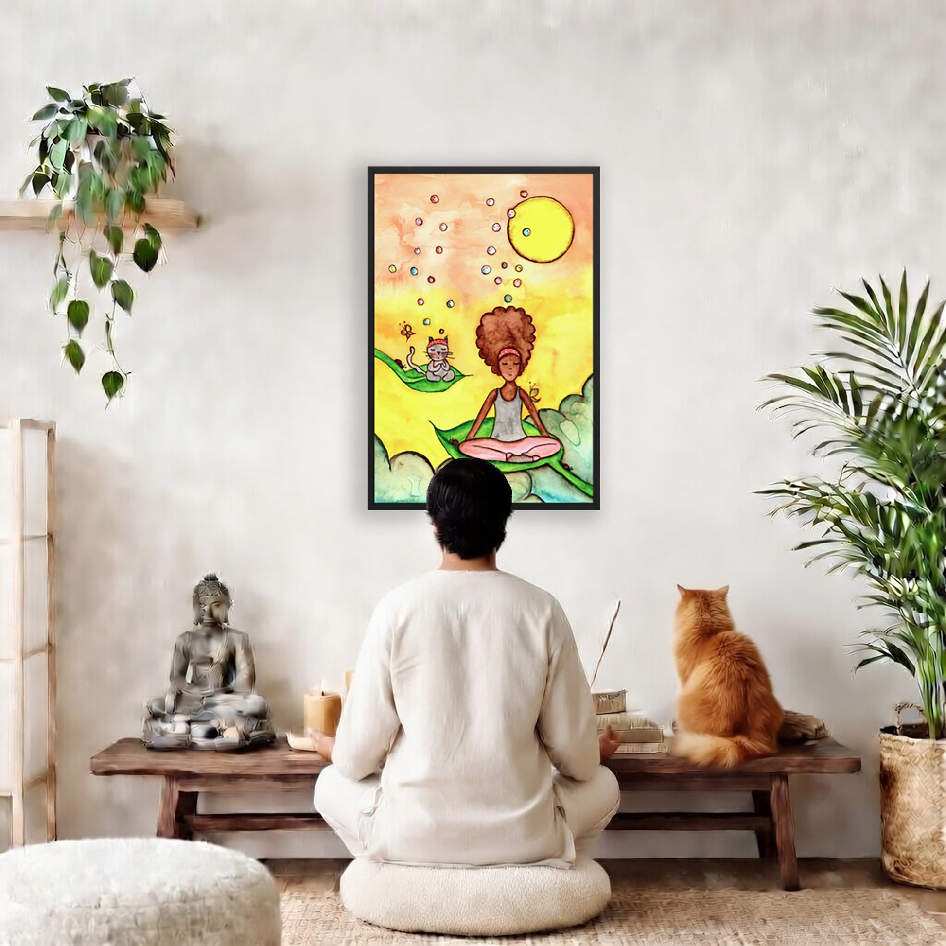 Poster of a woman and her cat sitting on leaves meditating with a yellow sunny joyful background.  The poster is framed and is in the center of the living room wall. A man is meditating facing the poster. In front of him is a coffee table with a Buddha statue and burning candle on the left and incense and an orange cat staring at the poster on the right. There is a green potted plant on both the left and right side of the coffee table.