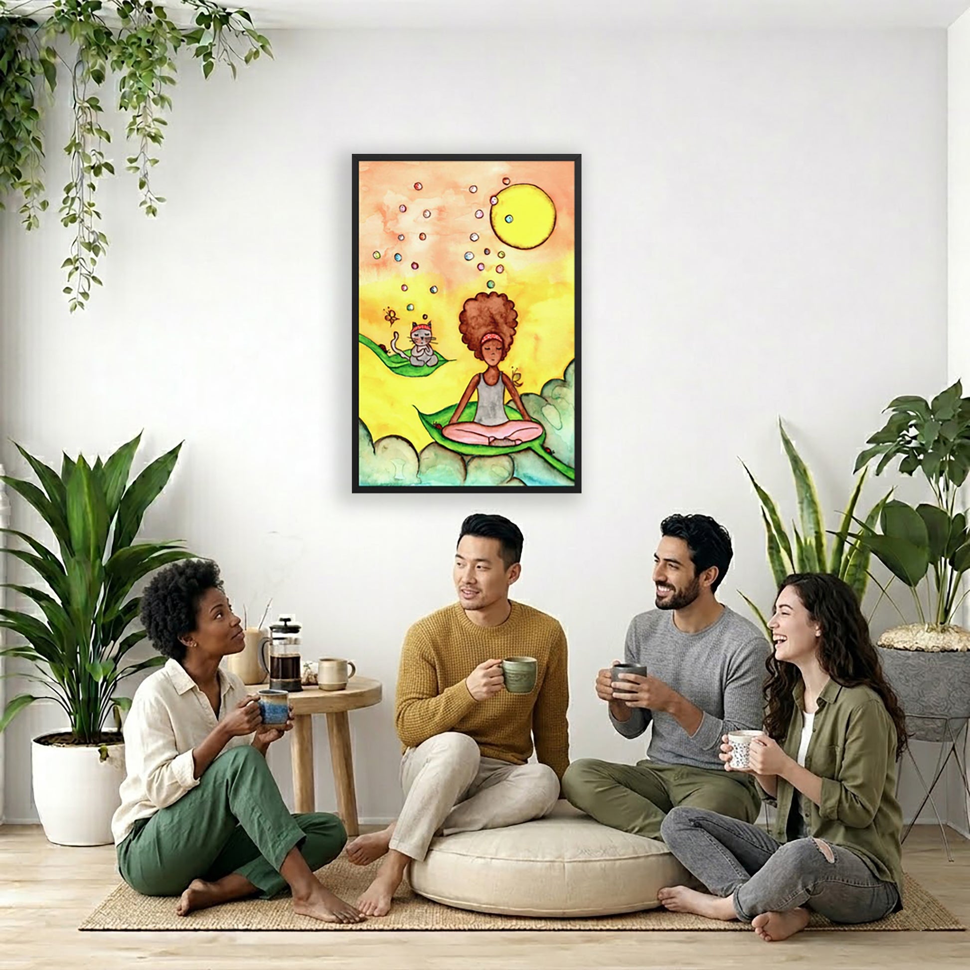 Poster of a woman and her cat sitting on leaves meditating with a yellow sunny joyful background.  The poster is framed and is in the center of the living room wall. Four friends are sitting on the living room carpet below the poster. They are drinking coffee. To the left is a green floor plant and a hanging green plant. To the right of them is a green floor plant.
