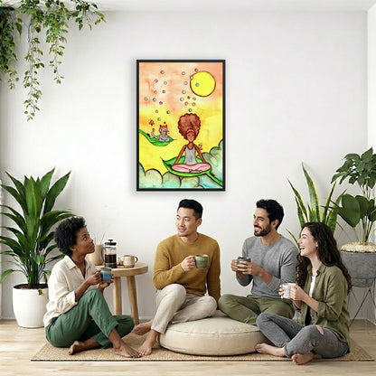 Poster of a woman and her cat sitting on leaves meditating with a yellow sunny joyful background.  The poster is framed and is in the center of the living room wall. Four friends are sitting on the living room carpet below the poster. They are drinking coffee. To the left is a green floor plant and a hanging green plant. To the right of them is a green floor plant.
