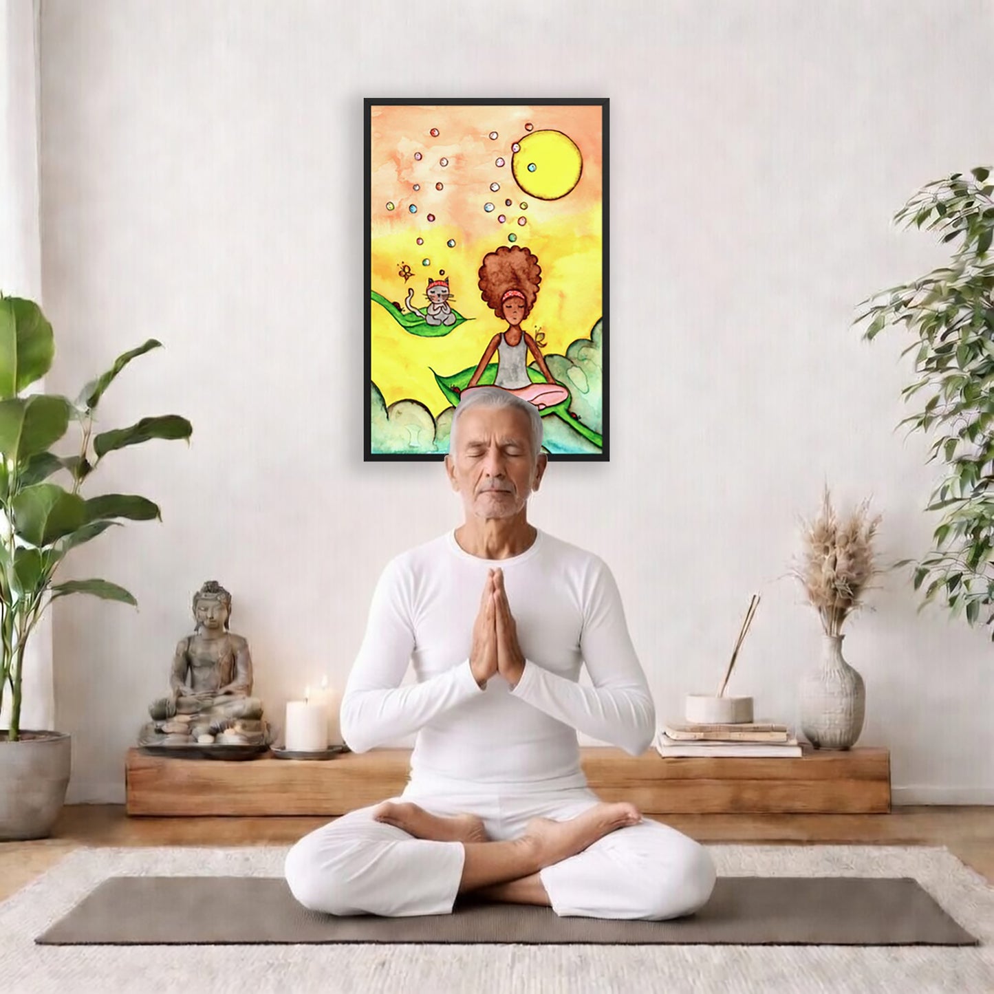 Poster of a woman and her cat sitting on leaves meditating with a yellow sunny joyful background.  The poster is framed and is in the center of the living room wall. There is a man meditating facing away from the wall. Behind him is a coffee table with incense and a Buddha statue. There are potted plants on the right and left side of the background.
