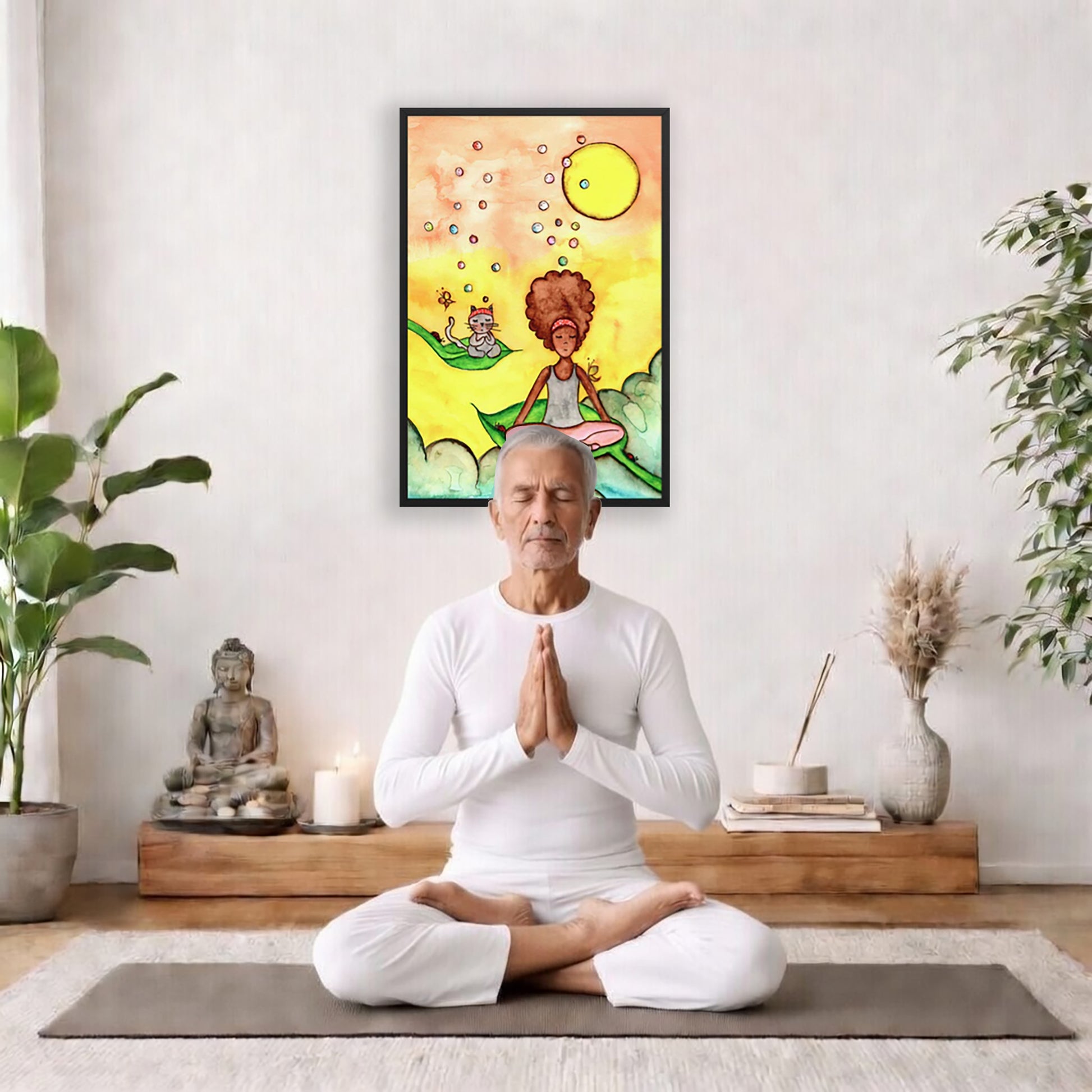 Poster of a woman and her cat sitting on leaves meditating with a yellow sunny joyful background.  The poster is framed and is in the center of the living room wall. There is a man meditating facing away from the wall. Behind him is a coffee table with incense and a Buddha statue. There are potted plants on the right and left side of the background.
