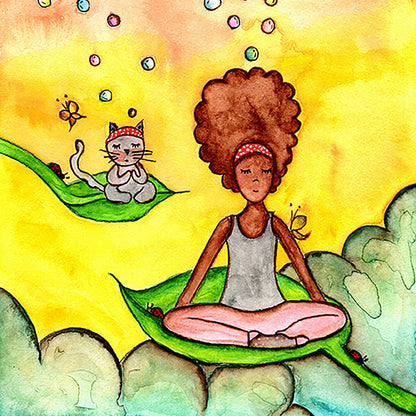 Poster of a woman and her cat sitting on leaves meditating with a yellow sunny joyful background. This is a mockup thumbnail of the original hand-painted watercolor by Brazilian artist Thaís Suizo for the LET'S MEDITATE SERIES of mediation guides.
 
