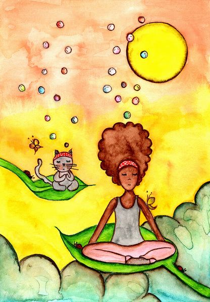 Poster of a woman and her cat sitting on leaves meditating with a yellow sunny joyful background.  This is a print of the original hand-painted watercolor by Brazilian artist Thaís Suizo for the LET'S MEDITATE SERIES of mediation guides. 