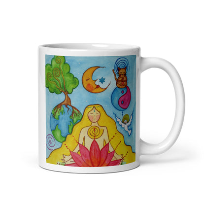 Woman sitting in meditation on a red lotus flower, symbolizing growth, strength and spiritual awakening, peaceful mindfulness artwork on a coffee mug. This illustration is on both sides of the mug. In this image the handle of the mug is on the right side.