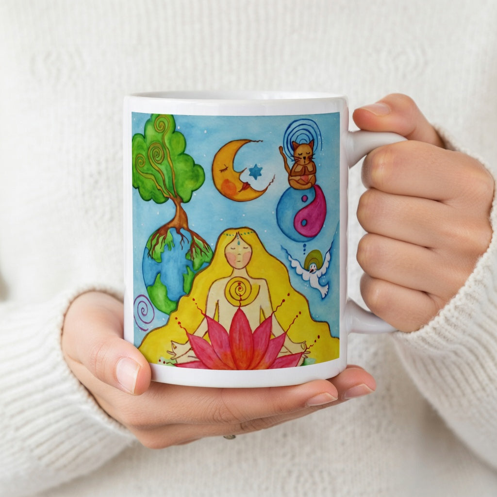 Woman sitting in meditation on a red lotus flower, symbolizing growth, strength and spiritual awakening, peaceful mindfulness artwork on a coffee mug. The hands of a person wearing a white sweater are holding the mug up to display the design.