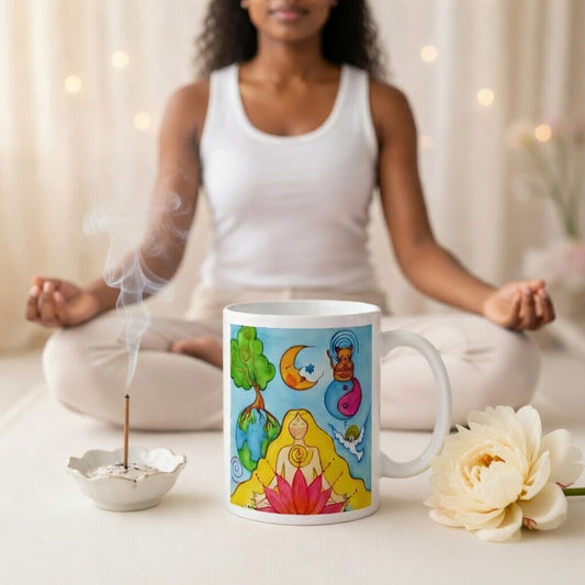 Woman sitting in meditation on a red lotus flower, symbolizing growth, strength and spiritual awakening, peaceful mindfulness artwork on a coffee mug.  The mug is sitting on a white mat with flowers and burning incense beside it. A woman is meditating in the background.