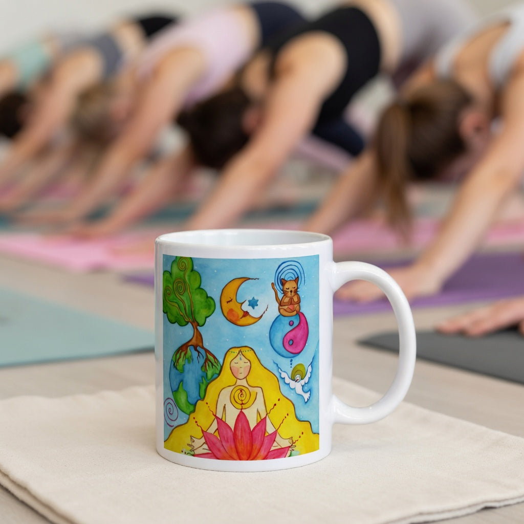 Woman sitting in meditation on a red lotus flower, symbolizing growth, strength and spiritual awakening, peaceful mindfulness artwork on a coffee mug. The mug is in front of a yoga class doing the downward facing dog posture.