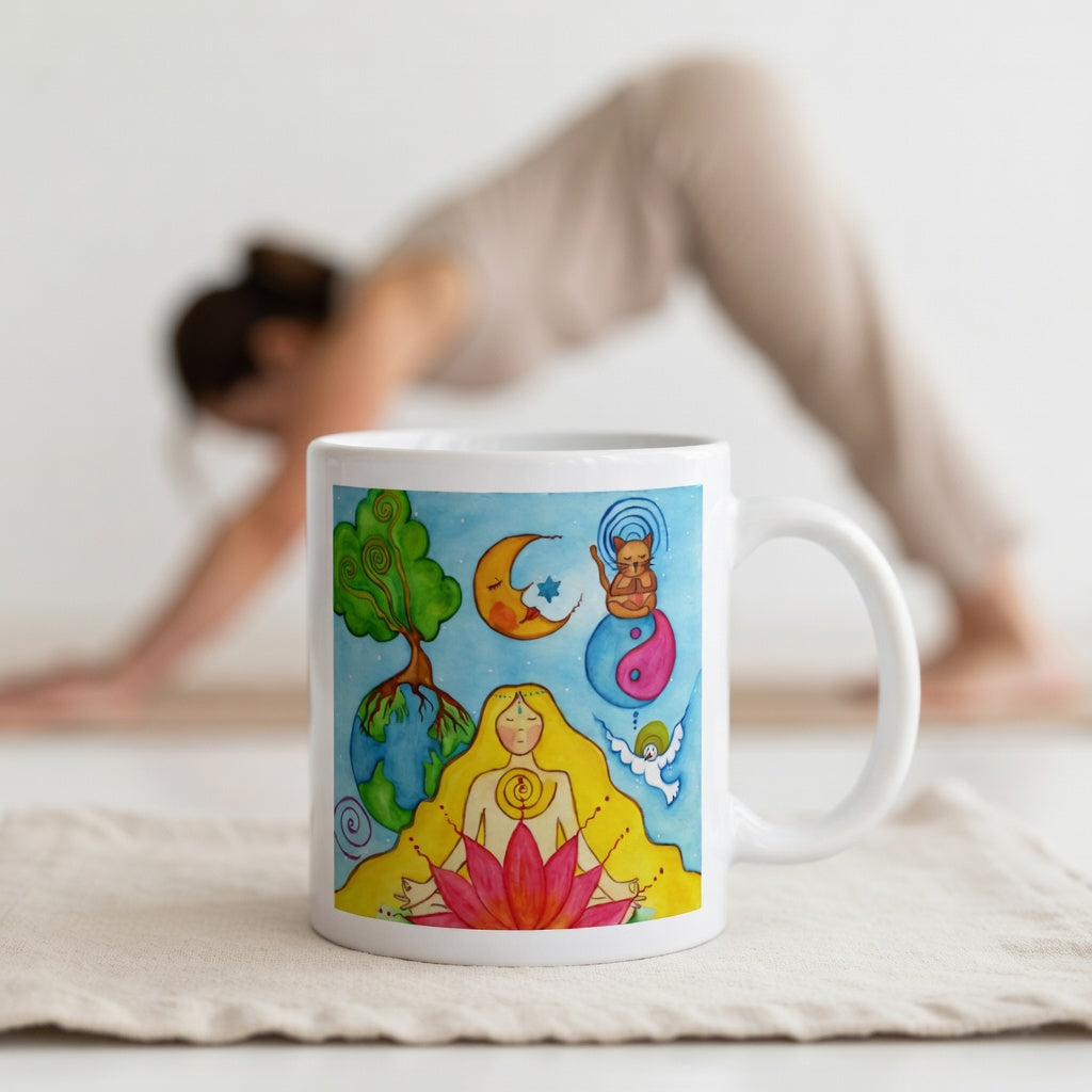 Woman sitting in meditation on a red lotus flower, symbolizing growth, strength and spiritual awakening, peaceful mindfulness artwork on a coffee mug.  The mug is in front of a woman doing the yoga posture downward facing dog. 